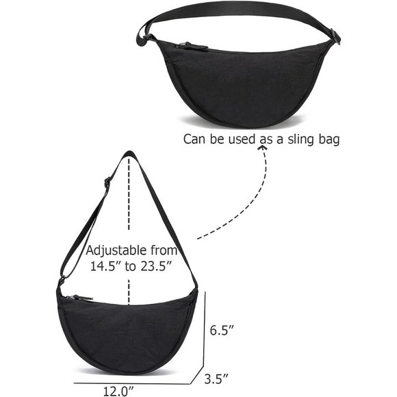 Women Men Black Small Sling Crossbody Bag with Half Moon Shape - Picture 7 of 11